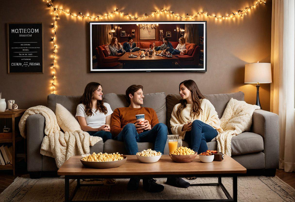 A cozy living room scene with a couple snuggled on a couch, surrounded by popcorn and blankets, watching a romantic web series on a large screen. Soft fairy lights illuminate the room, creating a warm and inviting atmosphere. Framed posters of famous romantic web series can be seen on the walls. A coffee table filled with snacks and drinks completes the scene. warm colors. super-realistic.