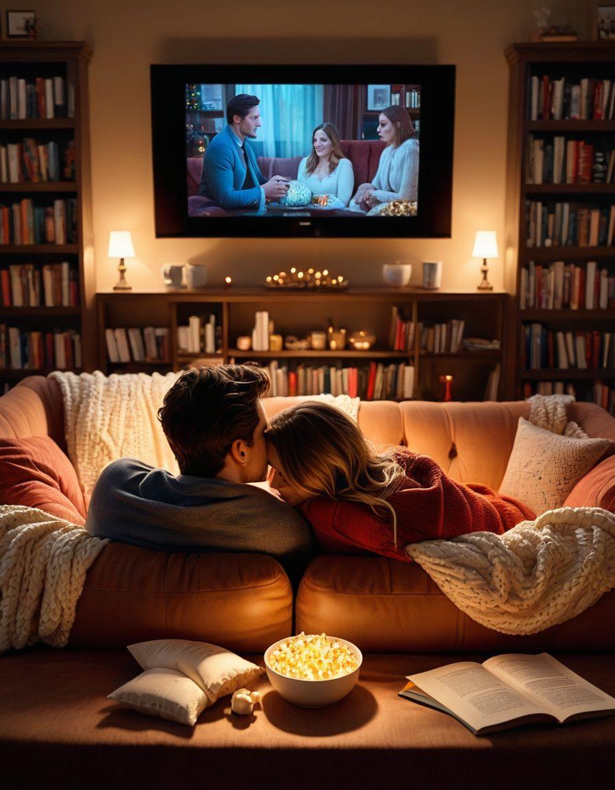 A cozy living room scene with a couple snuggled on a couch, surrounded by popcorn, blankets, and a large TV screen displaying a romantic web series. Soft, warm lighting creates an intimate atmosphere, while heart-shaped decorations and scattered love notes enhance the theme of love and comfort. Include a bookshelf filled with classic romance novels in the background. vibrant colors. warm glow. super-realistic.