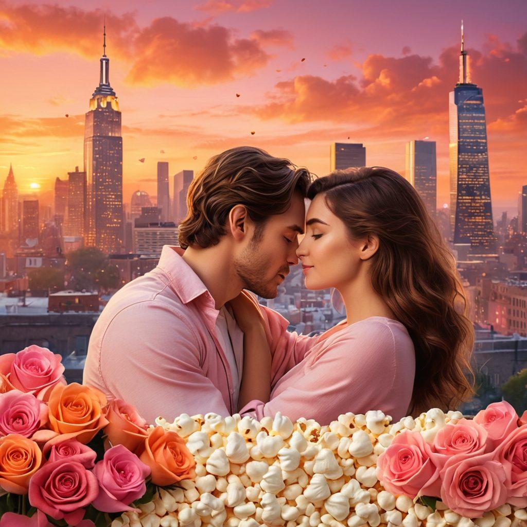 A collage of iconic romantic series scenes featuring a diverse cast in passionate embraces, side glances, and emotional moments. The backdrop showcases a dreamy city skyline at sunset, with hearts and roses subtly incorporated into the design. Include hints of popular elements like popcorn and remote controls to evoke a cozy viewing atmosphere. Soft, warm color tones to enhance the romantic vibe. vibrant colors. super-realistic.